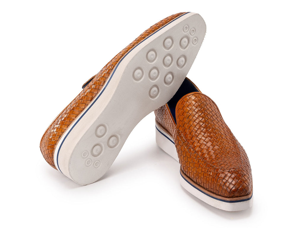 Paul Parkman Men's Smart Casual Light Brown Woven Leather Loafers (ID#186-WN-CML)