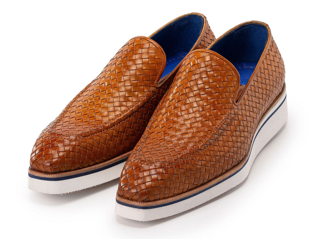 Paul Parkman Men's Smart Casual Light Brown Woven Leather Loafers (ID#186-WN-CML)