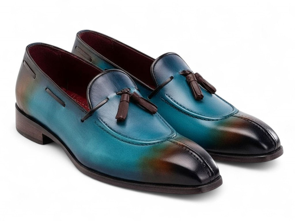 Paul Parkman Men's Split Toe Tassel Loafers Blue Patina Leather (ID#8135-BLU)