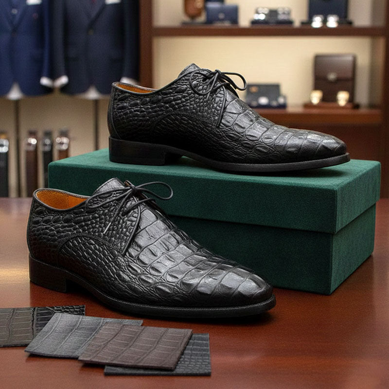 Paul Parkman Men's Black Crocodile Embossed Calfskin Derby Shoes (ID#1438BLK)