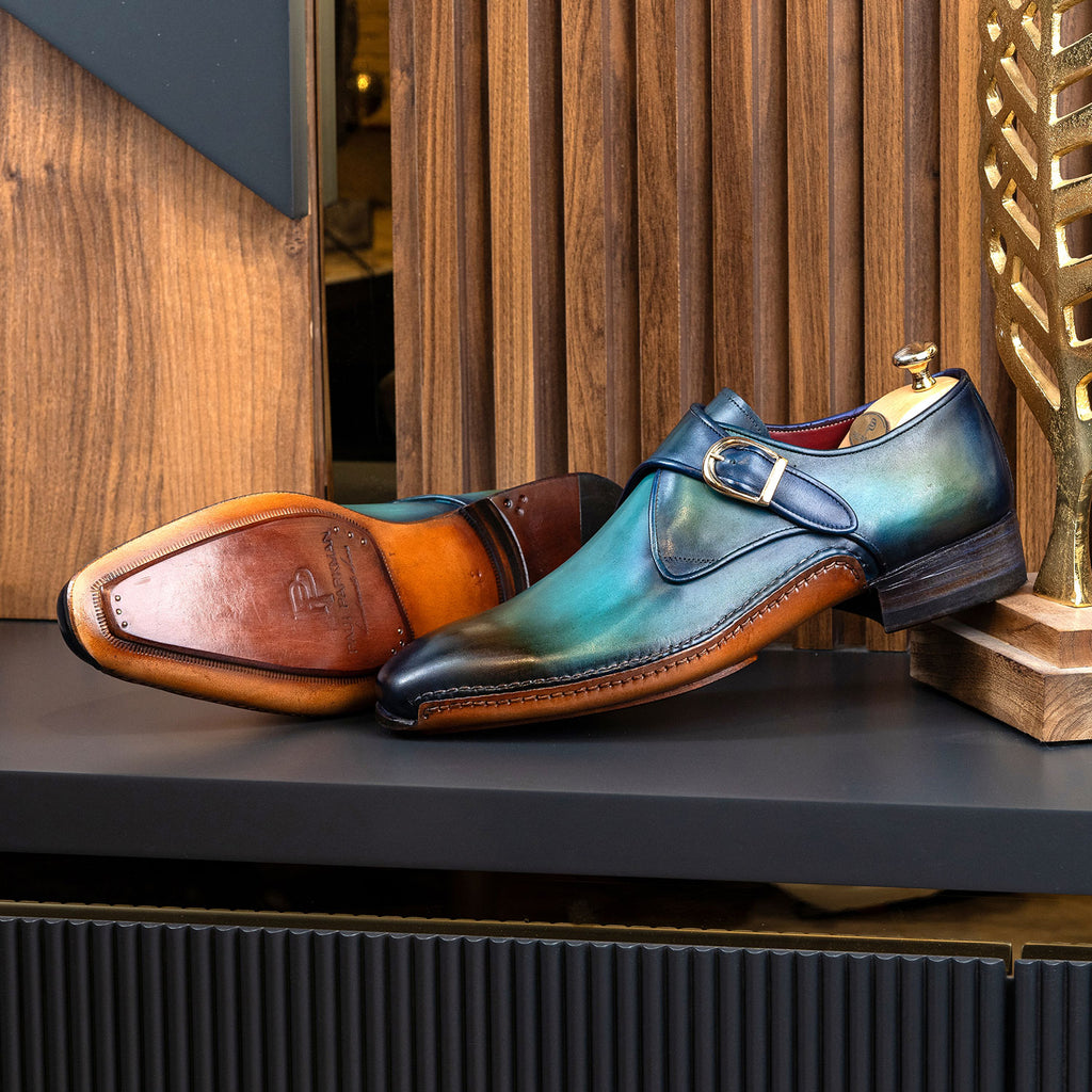 Paul Parkman Men's Single Monkstrap Shoes Turquoise & Brown (ID#69V7U)
