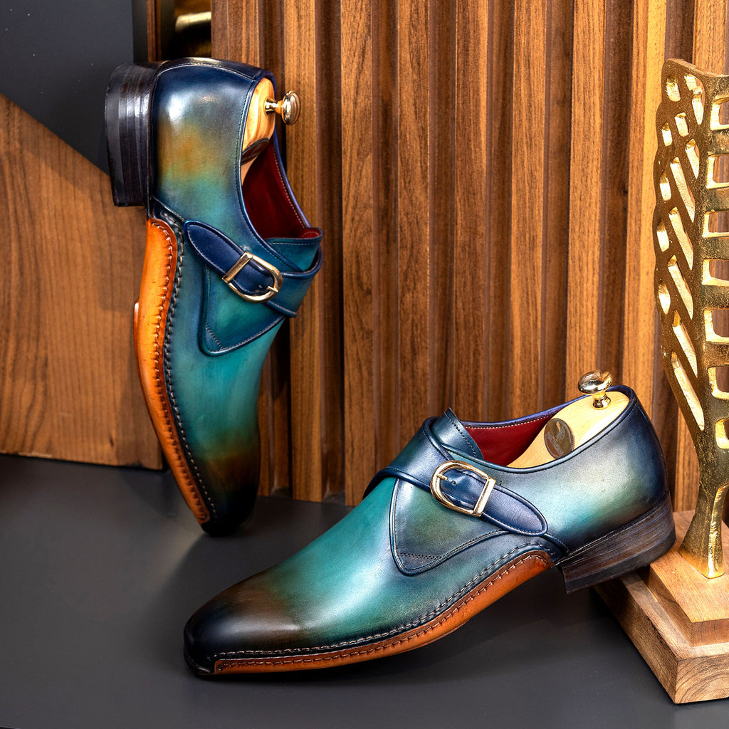 Paul Parkman Men's Single Monkstrap Shoes Turquoise & Brown (ID#69V7U)