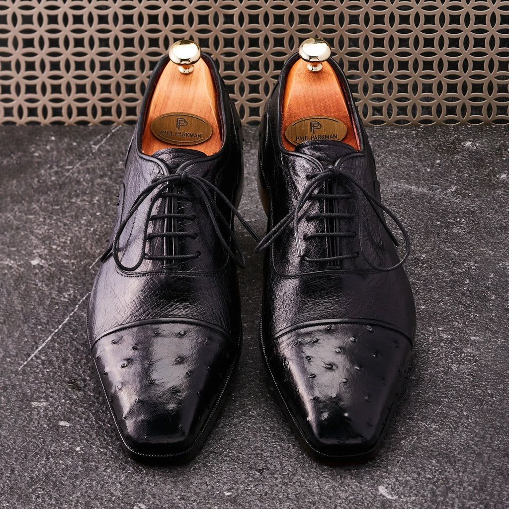 Paul Parkman Men's Genuine Ostrich Captoe Oxfords Black (ID#24XS-BLK)