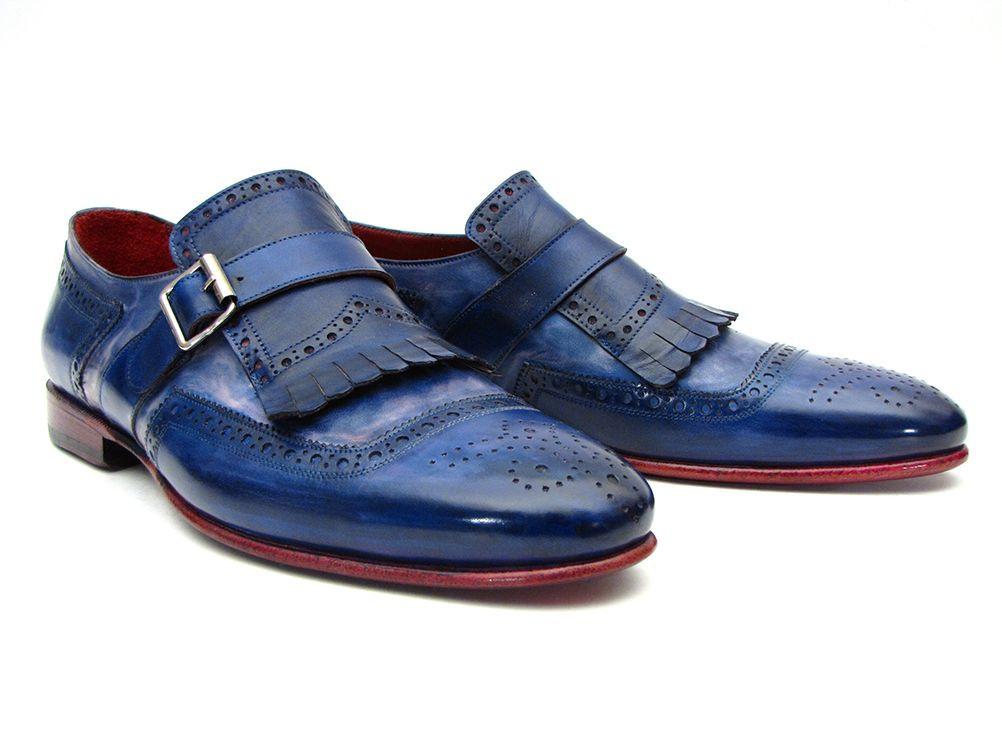 Paul Parkman Kiltie Monkstrap Shoes Dual Tone Blue Leather (ID#12BL78)