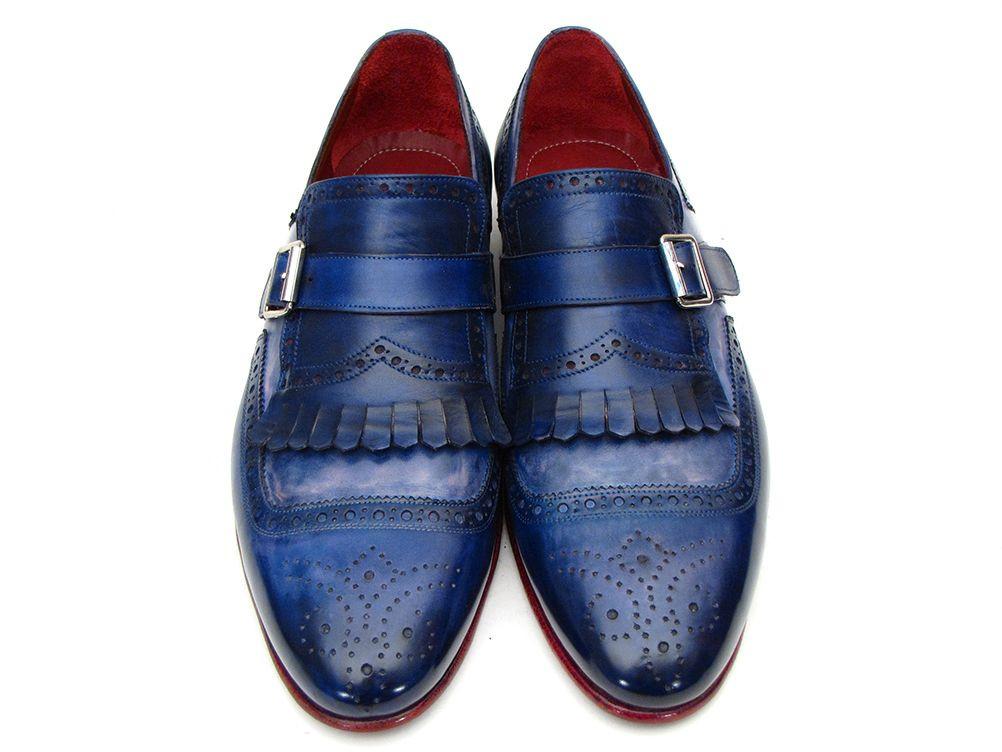 Paul Parkman Kiltie Monkstrap Shoes Dual Tone Blue Leather (ID#12BL78)