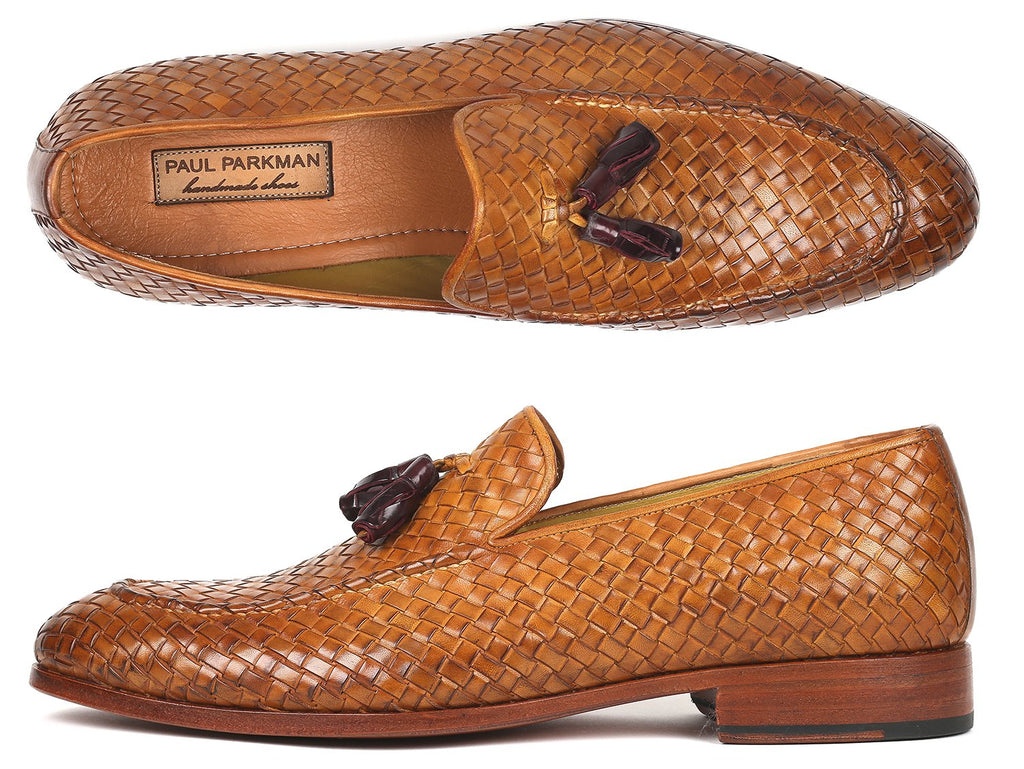 Paul Parkman Woven Leather Tassel Loafers Camel Colour (ID#WVN44-CML)